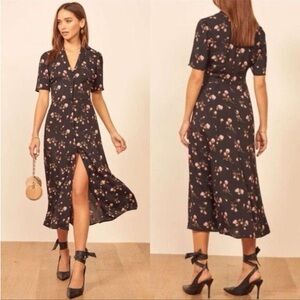 NWT Reformation Midi Dress, Size 0 | Black Romy Floral Rocki Collared Dress